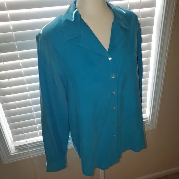 Anne Carson 100% Silk Teal Blue Vintage Button Collared Blouse Size Large - Picture 5 of 7